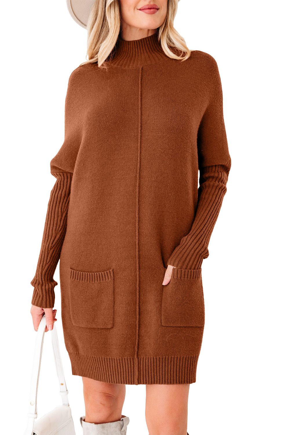 Fiery Red Ribbed High Neck Front Pockets Center Seam Shift Sweater Dress - loveforevers