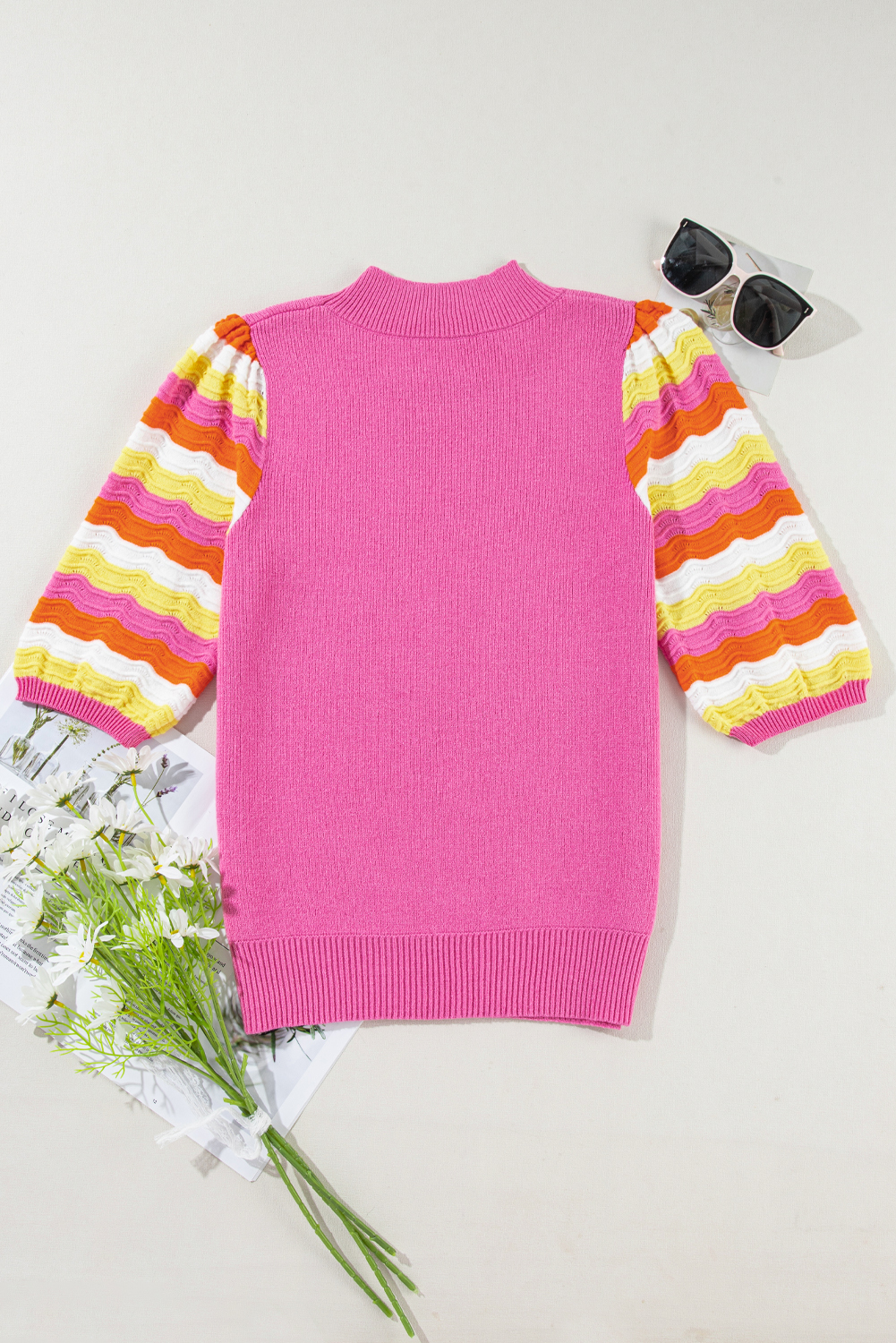 Pink Ribbed Knit Contrast Sleeve Sweater Top - loveforevers