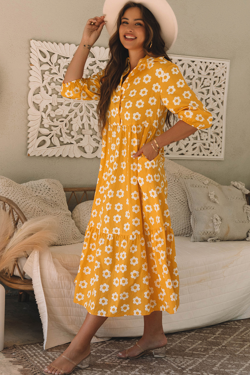 Yellow Flower Print Bracelet Sleeve Buttons Collared Maxi Dress - loveforevers