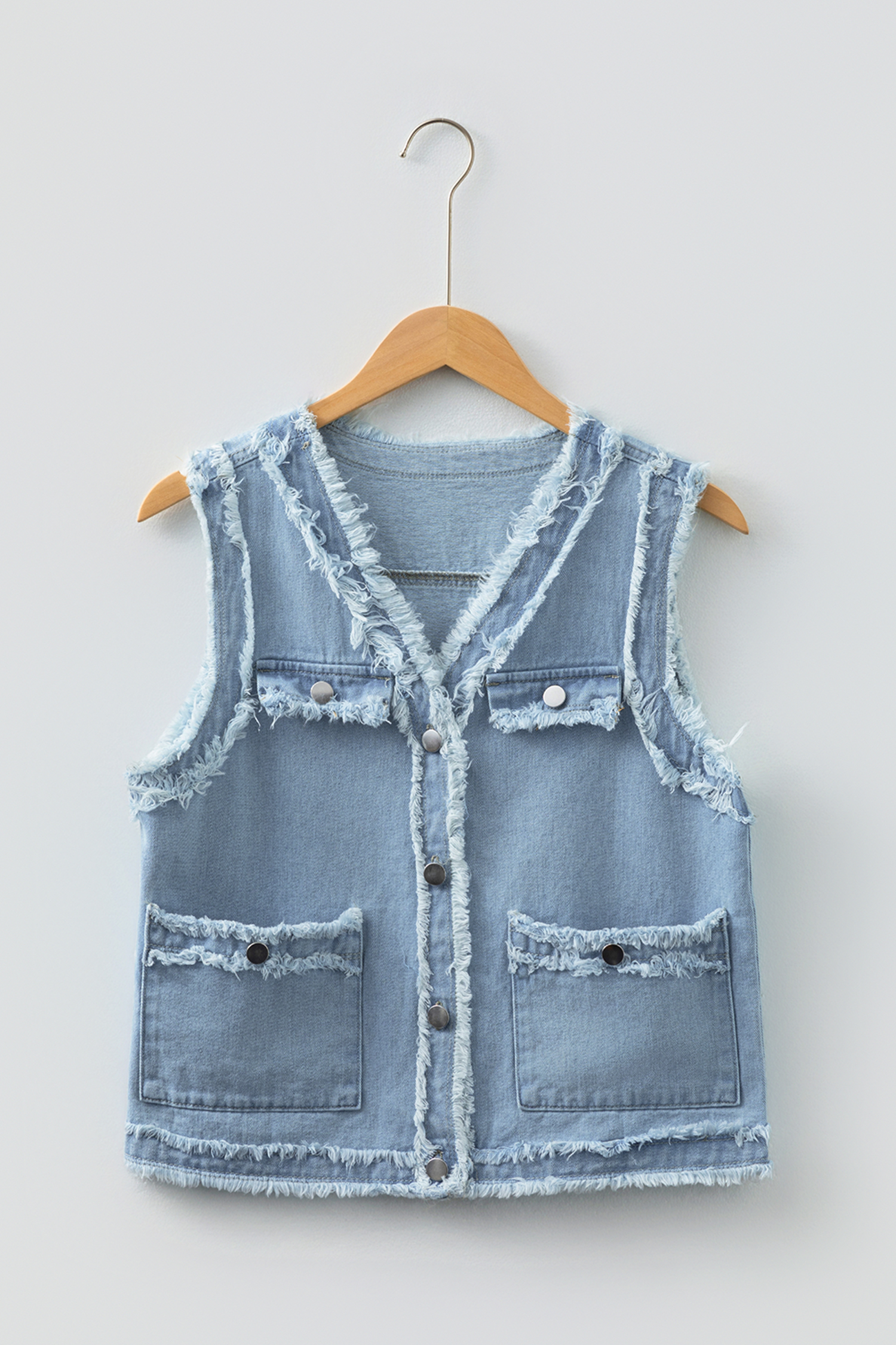 Beau Blue Frayed Edge Flap Pockets Denim Vest Jacket - loveforevers