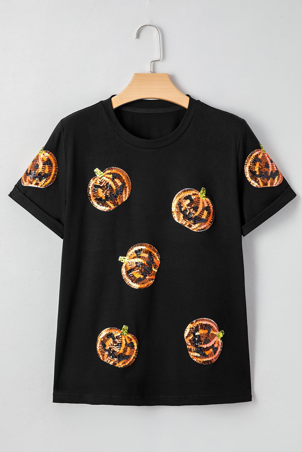 Black Sequin Pumpkin Face Halloween T Shirt - loveforevers