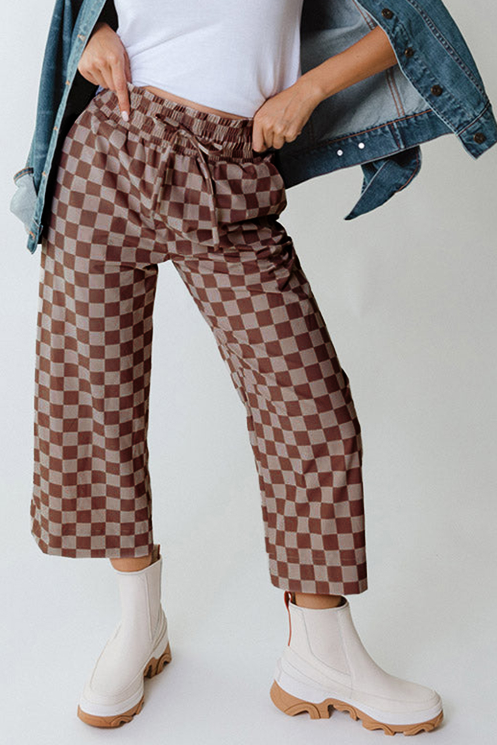 Khaki Checkered Elastic High Waist Loose Casual Pants - loveforevers