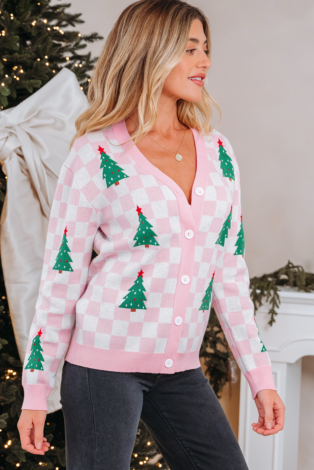 Pink Checkered Christmas Tree Pattern Button V Neck Cardigan Sweater - loveforevers