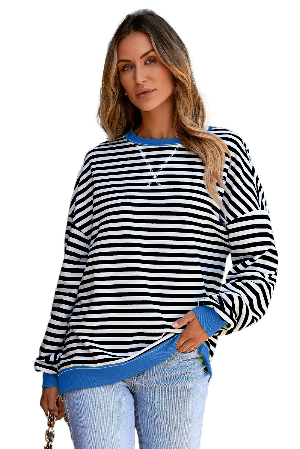 Red Stripe Contrast Ribbed Trim Crossed Stitch Drop Shoulder Sweatshirt - loveforevers