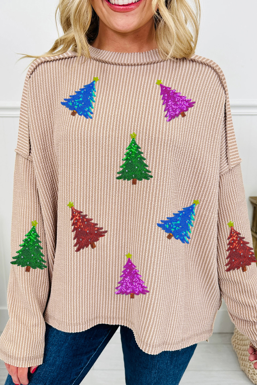 Parchment Sequin Christmas Tree Exposed Seam Drop Shoulder Ribbed Long Sleeve Top - loveforevers