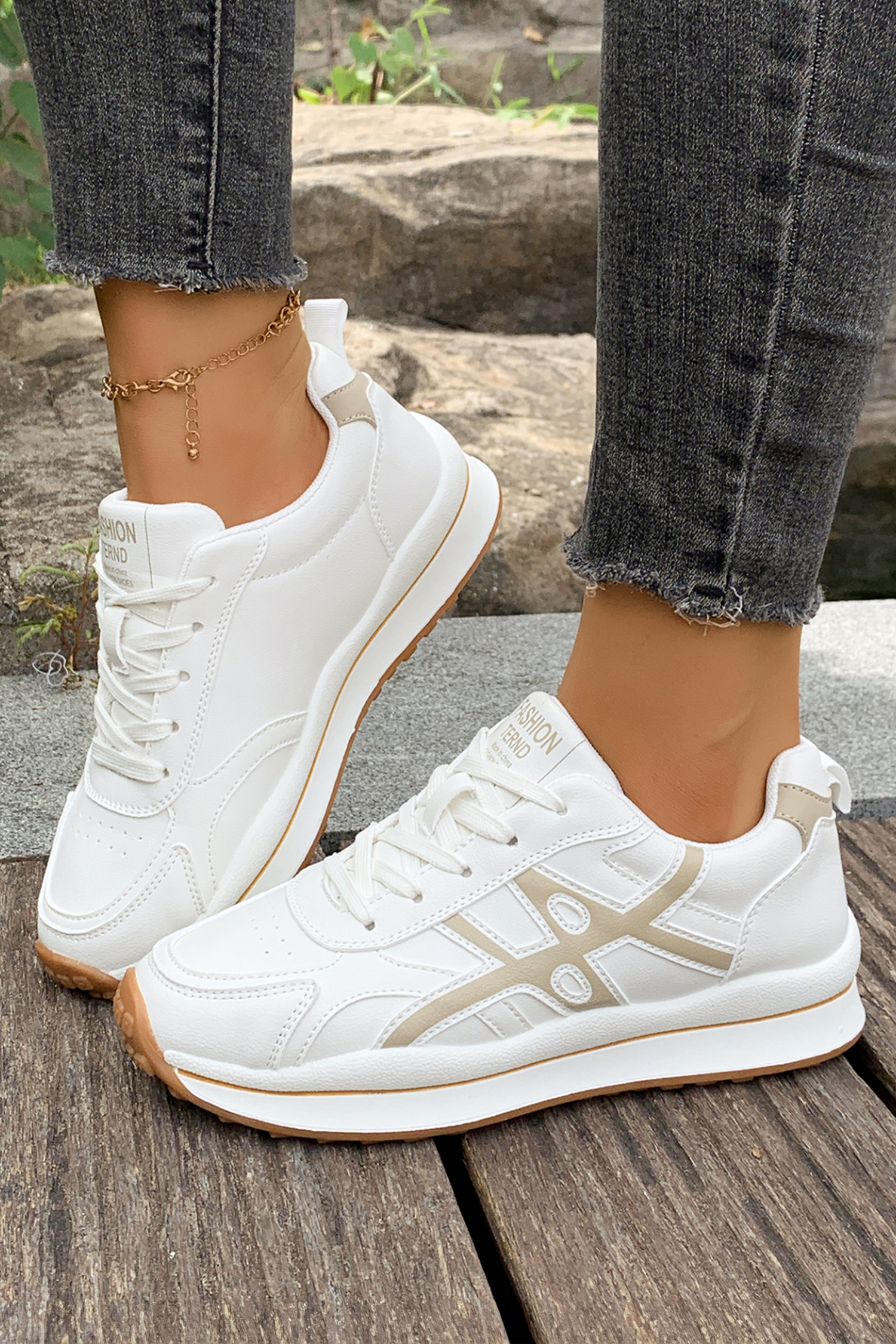 White Playful Contrast Color Detail Lace Up Womens Sneakers - loveforevers