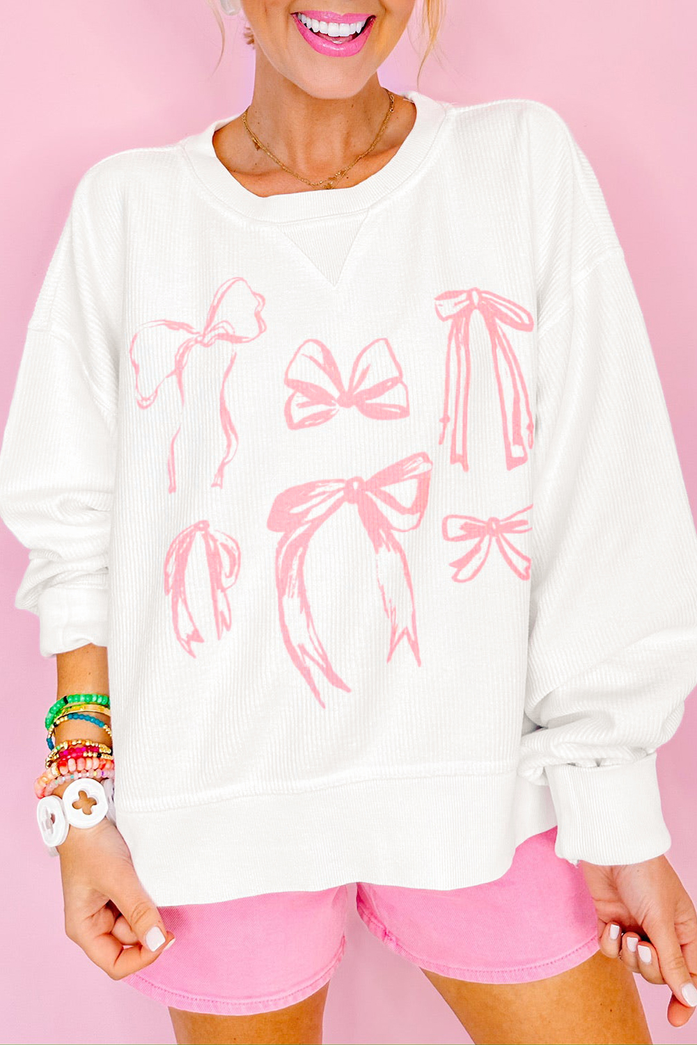 White Bowknot Pattern Corded Long Sleeve Drop Shoulder Top - loveforevers