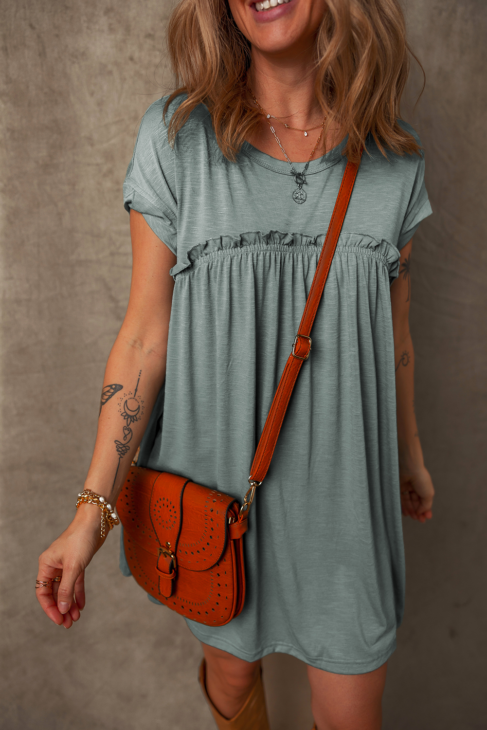 Mist Green Frilled Gathered Seam Round Neck T Shirt Dress - loveforevers