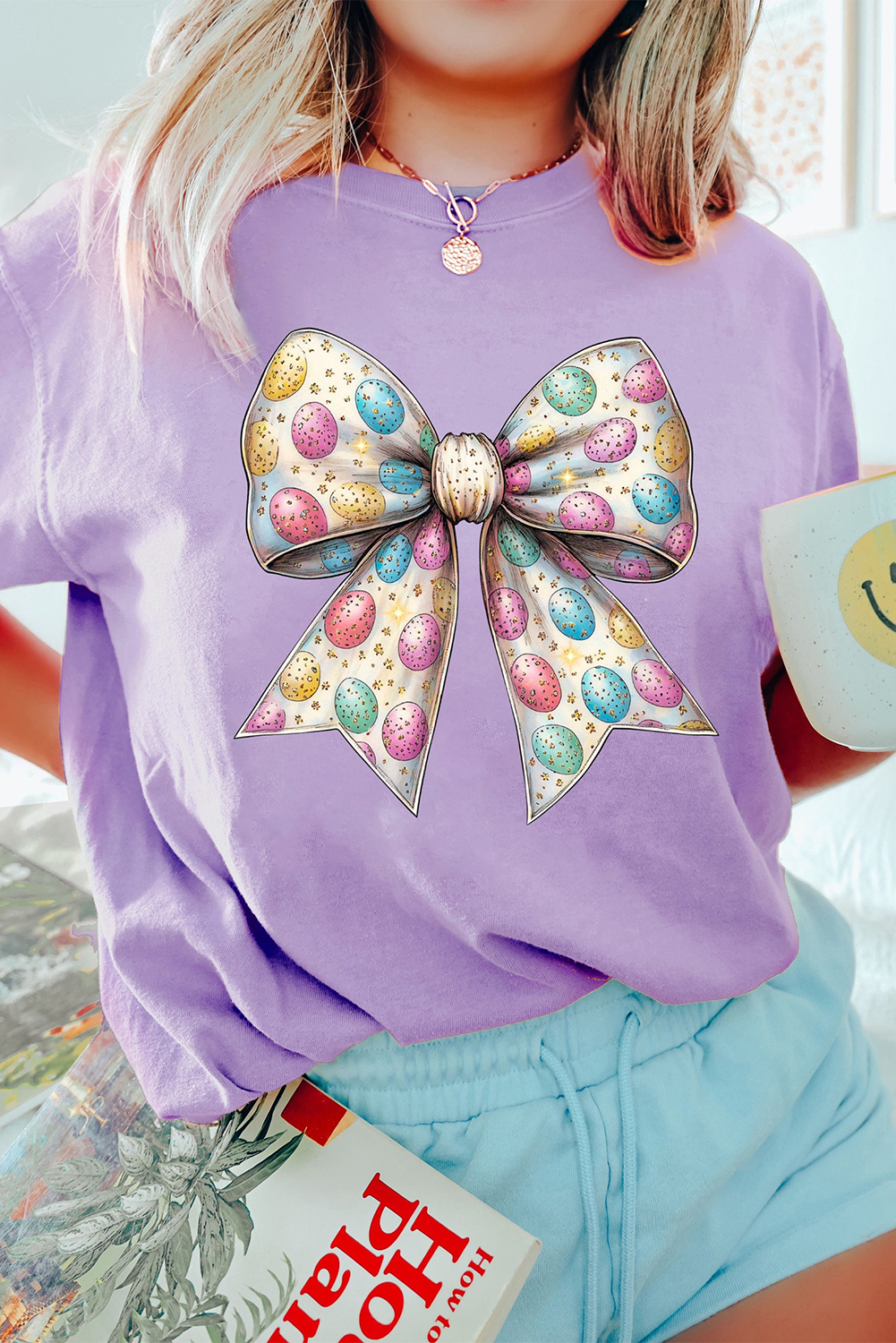Wisteria Celebrative Easter Eggs Bow Print Casual T Shirt - loveforevers