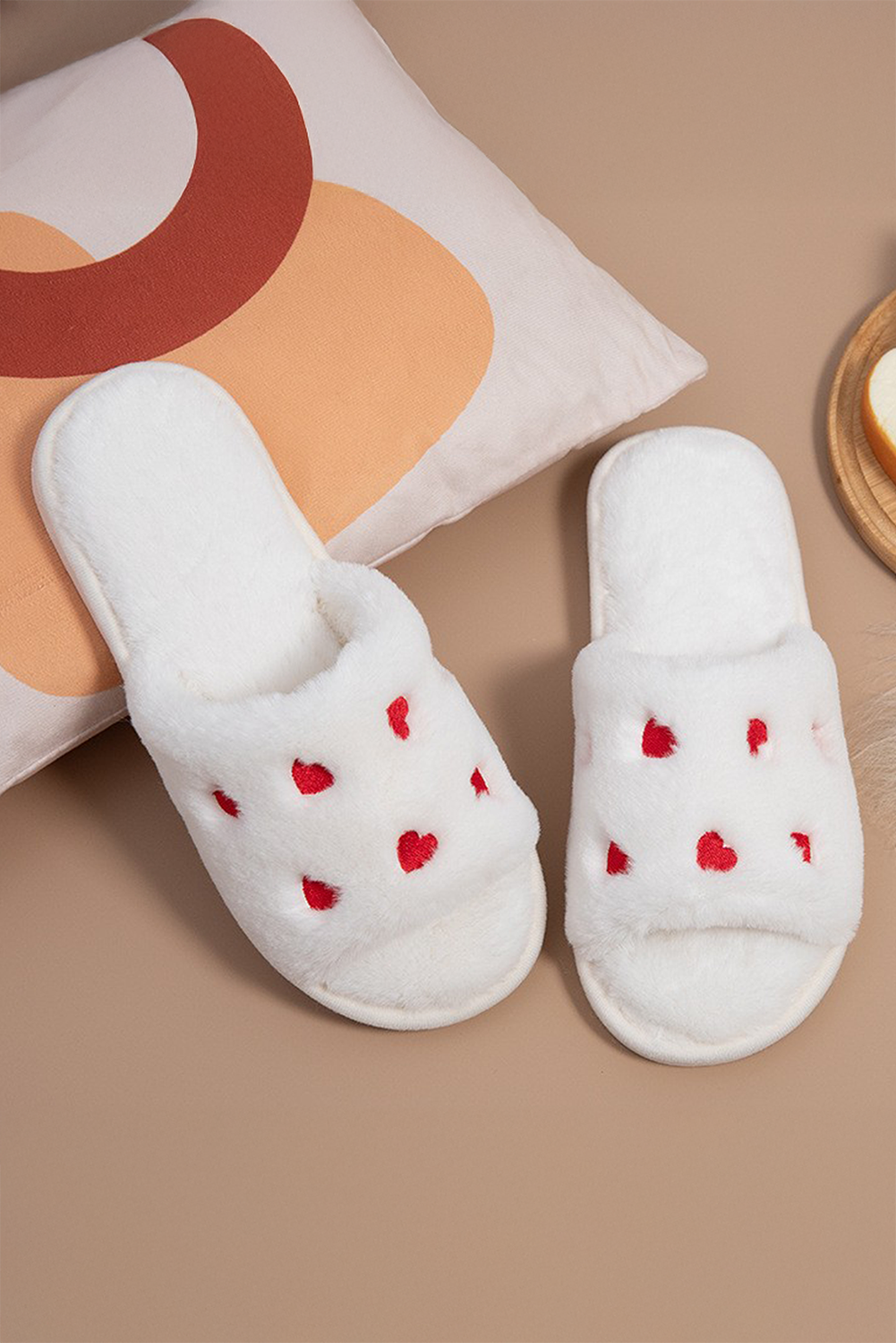 White Valentines Heart Embroidered Fuzzy Winter House Slippers - loveforevers