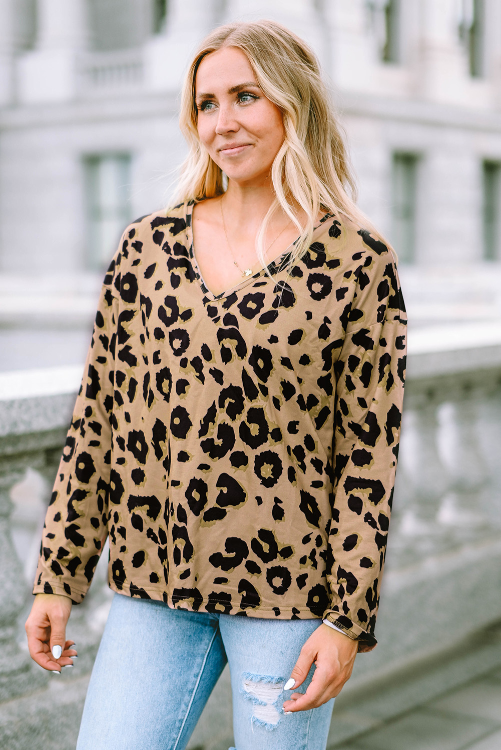 Brown Leopard Split Joint V Neck Long Sleeve Tops - loveforevers