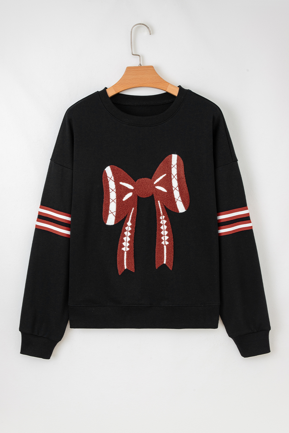 Black Varsity Baseball Bow Graphic Striped Sleeve Baggy Sweatshirt - loveforevers