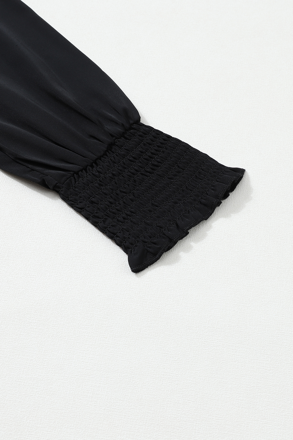 Black Solid Surplice Neck Shirred Cuffs Draped Blouse - loveforevers
