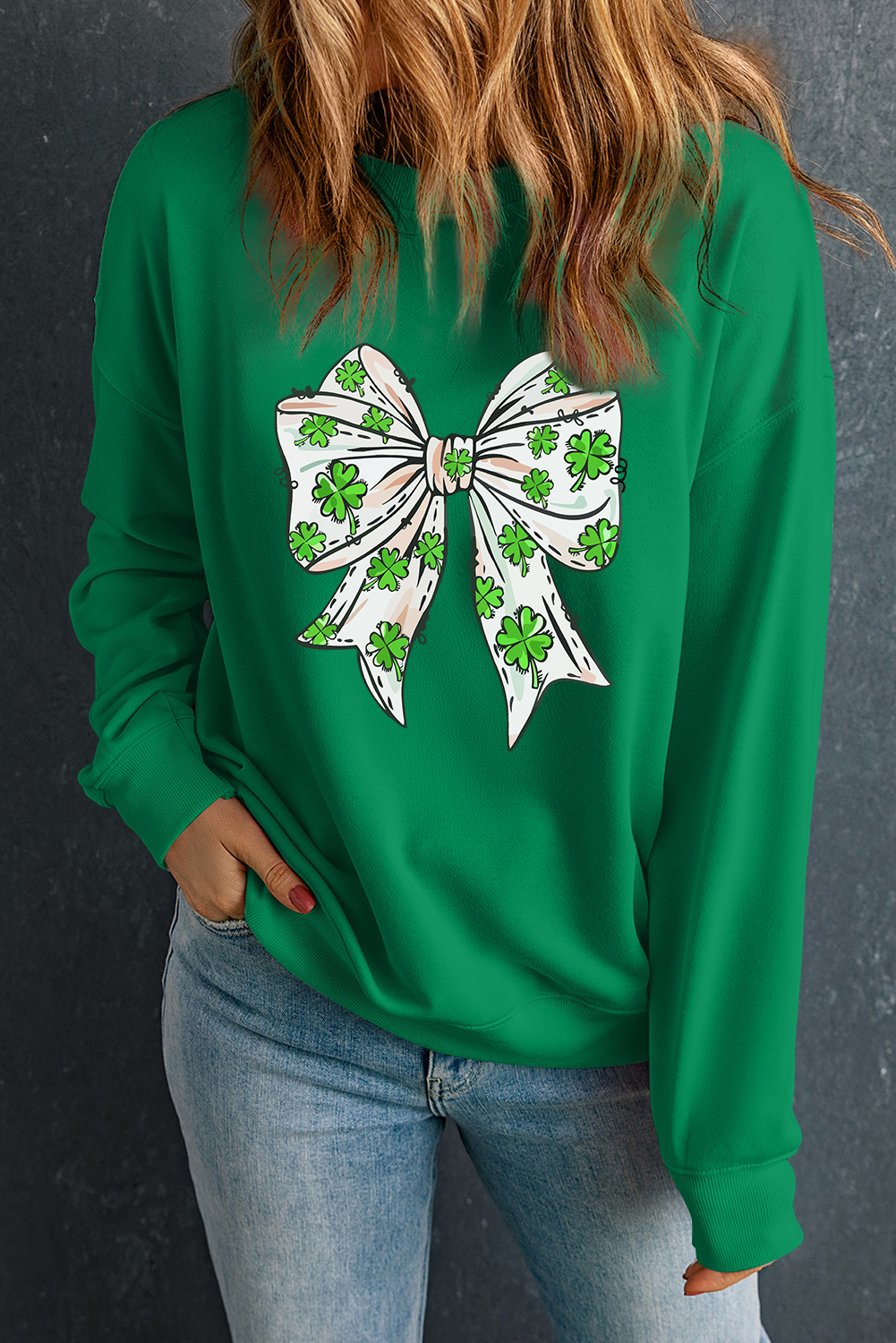 Dark Green St Patricks Clover Bow Printed Drop Shoulder Sweatshirt - loveforevers