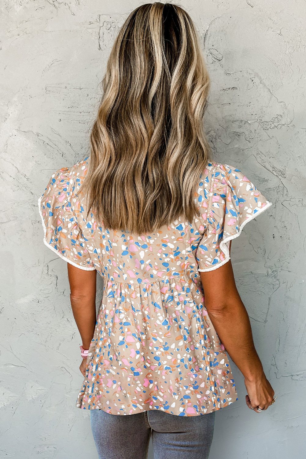 Khaki Crisscross V Neck Ruffle Sleeve Printed Flowy Blouse - loveforevers
