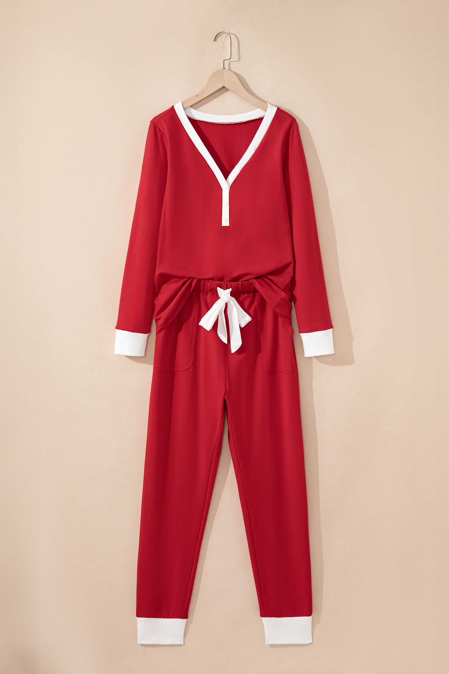 Fiery Red Contrast Trim Button V Neck Ribbon Bow Knot Waist 2pcs Lounge Pant Set - loveforevers