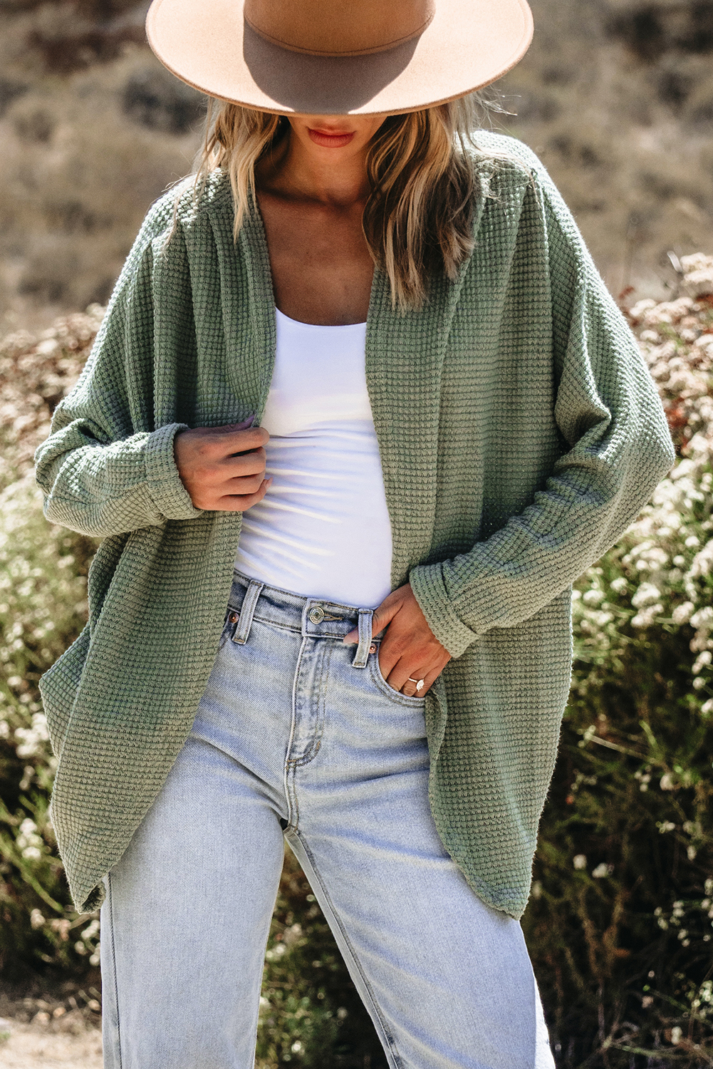 Laurel Green Waffle Knit Open Front Cardigan - loveforevers