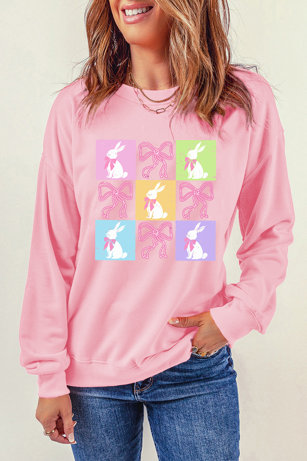 Pink Easter Bunny Bow Checkered Print Drop Shoulder Sweatshirt - loveforevers