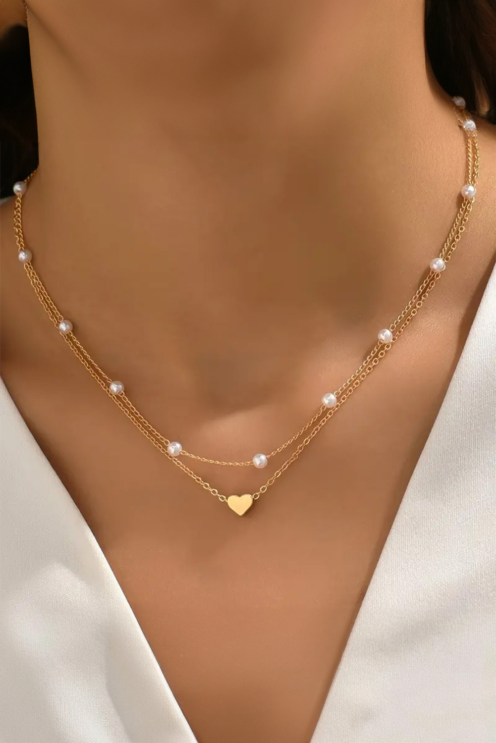 Gold Plated Heart and Pearl Detail 2pcs Layered Necklace - loveforevers