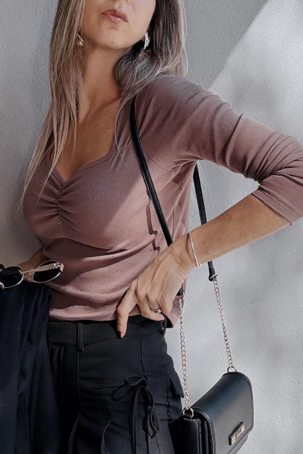 Burgundy Gathered Bust Square Neck Ribbed Fit Long Sleeve Top - loveforevers