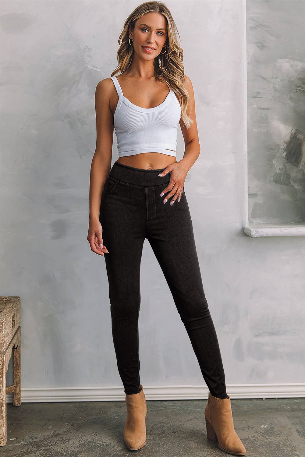 Black Solid Color High Waist Stretchy Slim Fit Jeggings - loveforevers