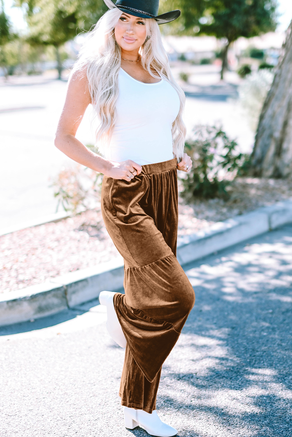 Chestnut Ruffle Hem Wide Leg Velvet Pants - loveforevers