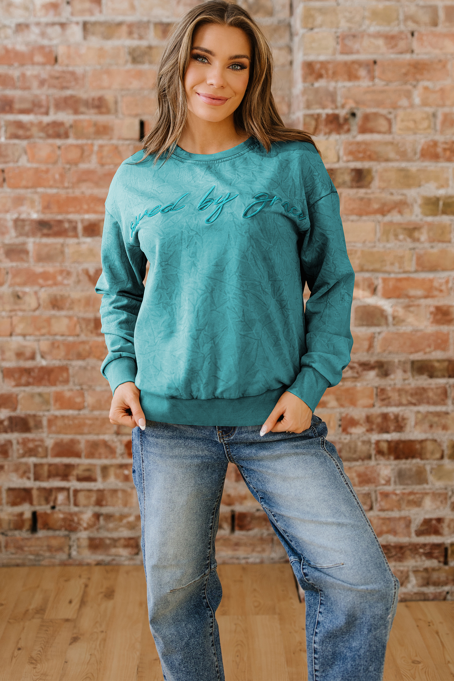 DUNE saved by grace Letter Embroidery Mineral Wash Loose Sweatshirt - loveforevers