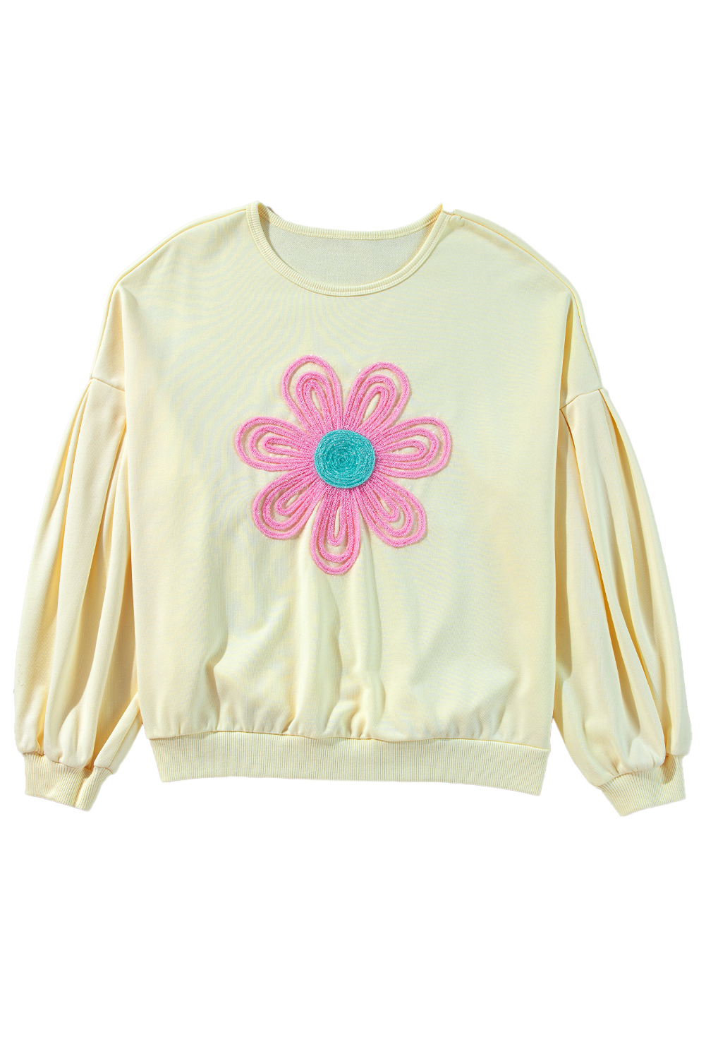 Beige Tinsel Flower Dropped Puff Sleeve Sweatshirt - loveforevers