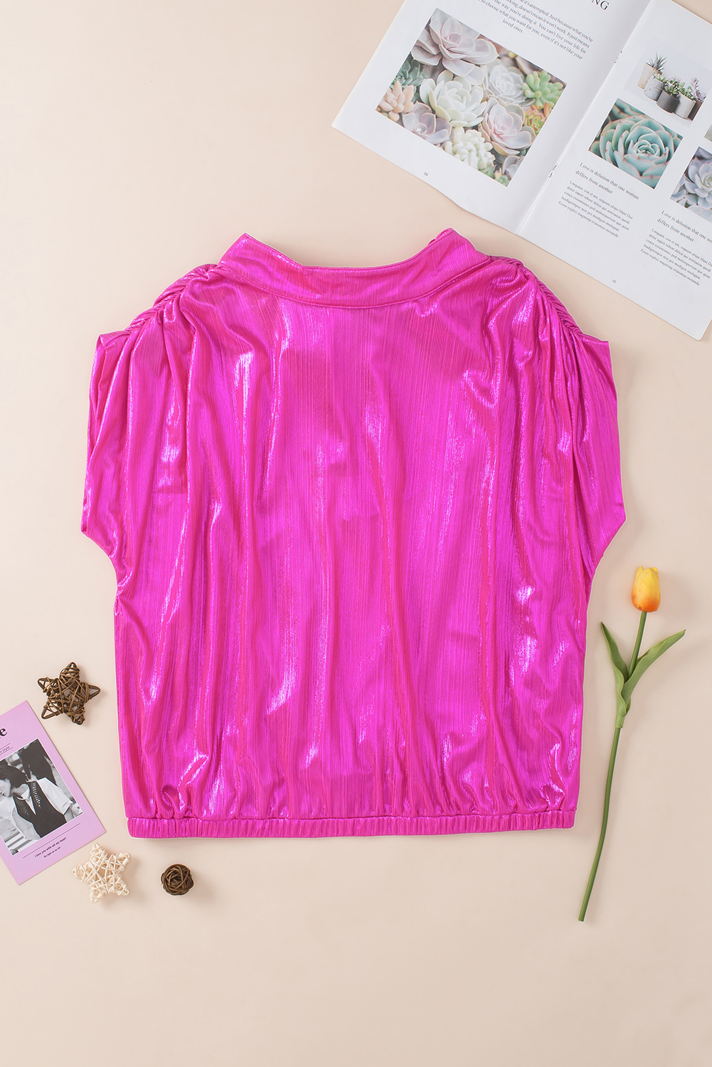 Bright Pink Ruched Sleeves Knotted Backless Blouse - loveforevers