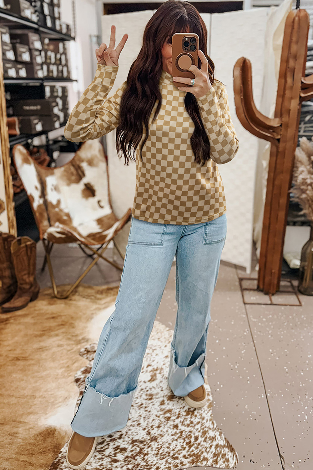 Khaki Check Pattern Turtleneck Ribbed Slim Long Sleeve Tee - loveforevers