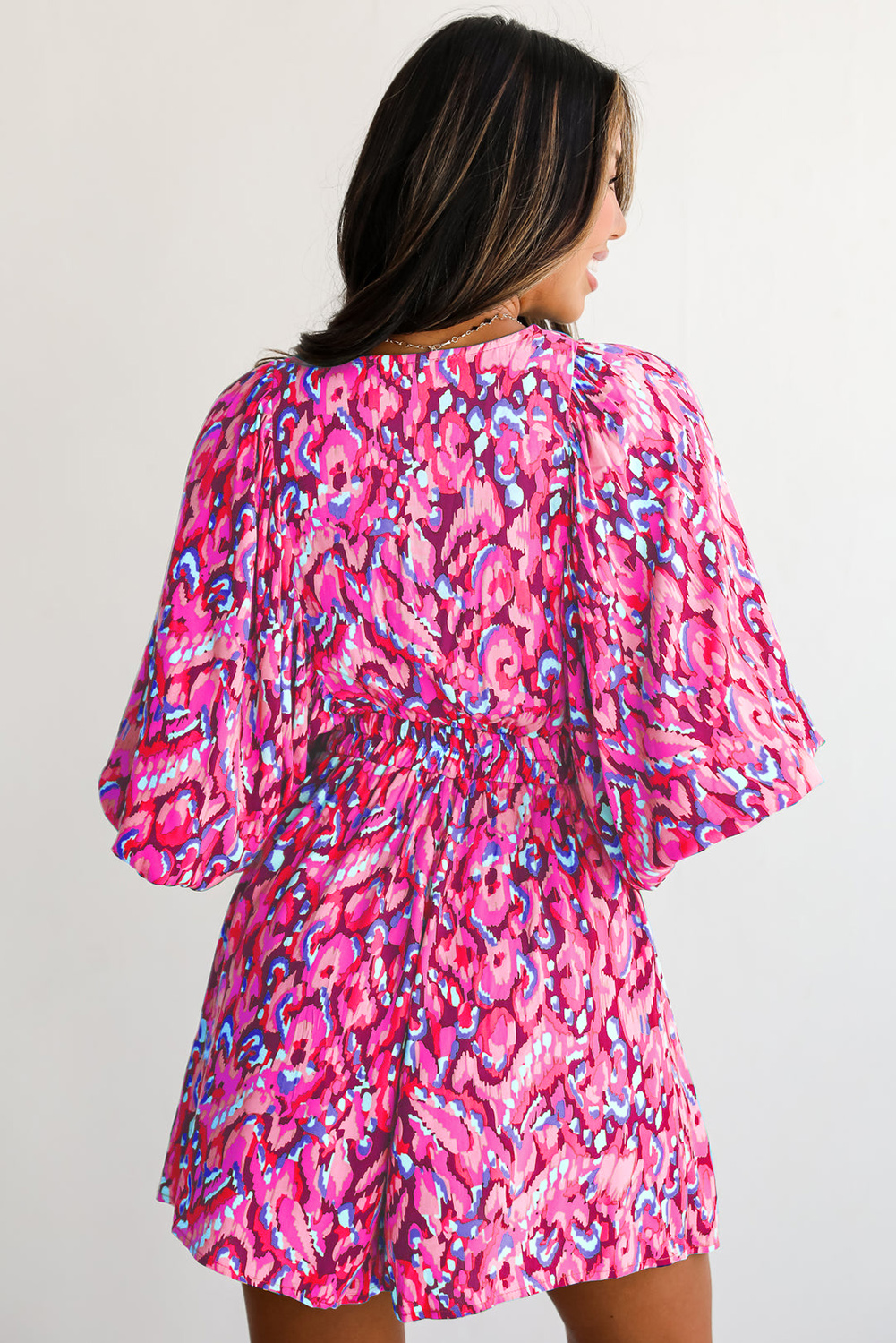Pink Abstract Print Puff Sleeve V Neck High Waist Romper - loveforevers