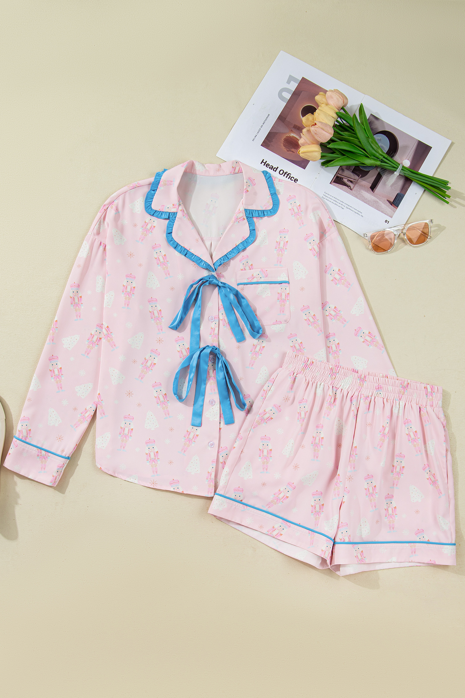 Pink Bow Tie Front Christmas Nutcracker Long Sleeve Shirt Shorts Pajama Set - loveforevers