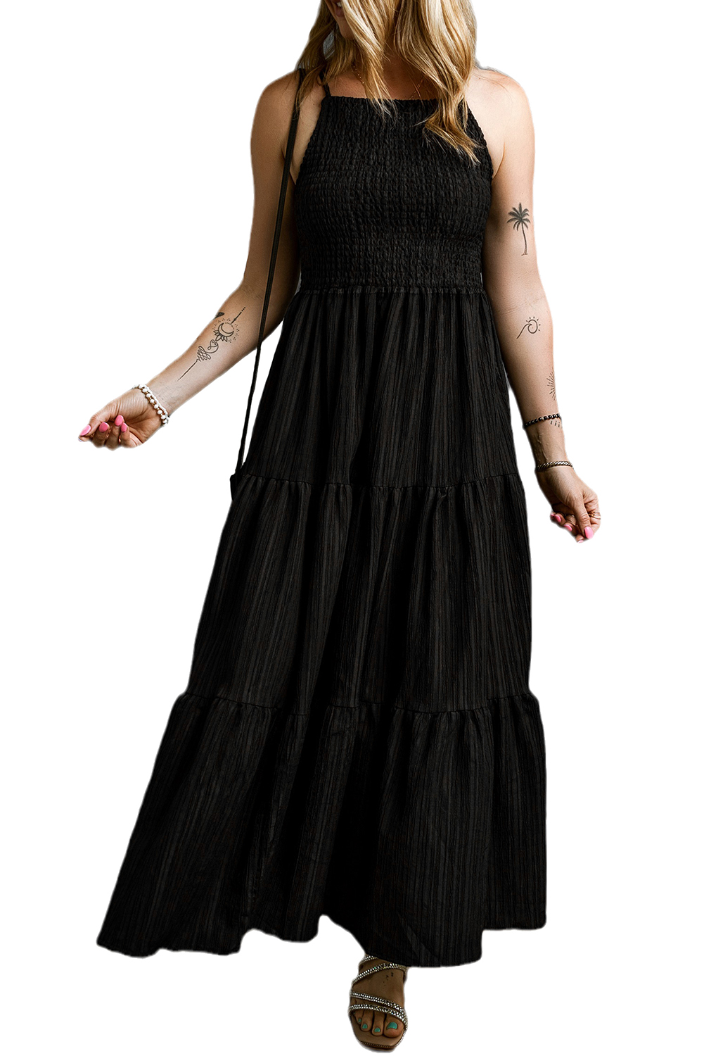 Black Spaghetti Straps Smocked Pleated Tiered Maxi Dress - loveforevers