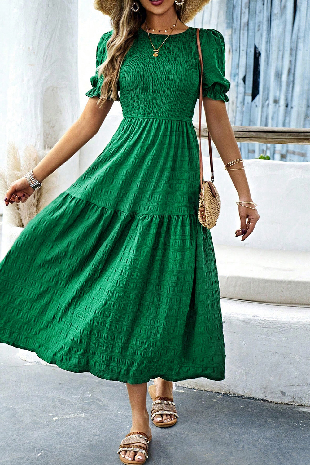 Dark Green Textured Ruffled Sleeve Round Neck Top - loveforevers