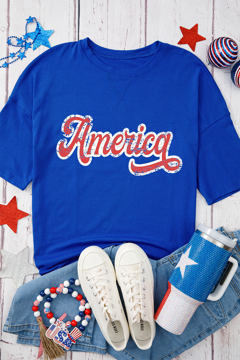 Dark Blue Contrast America Graphic Drop Shoulder Tee - loveforevers