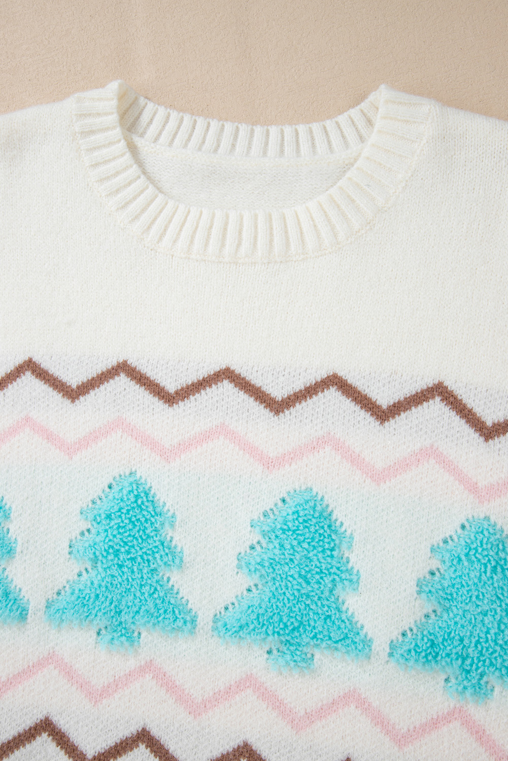 White Striped Christmas Tree Ribbed Trim Drop Shoulder Sweater - loveforevers
