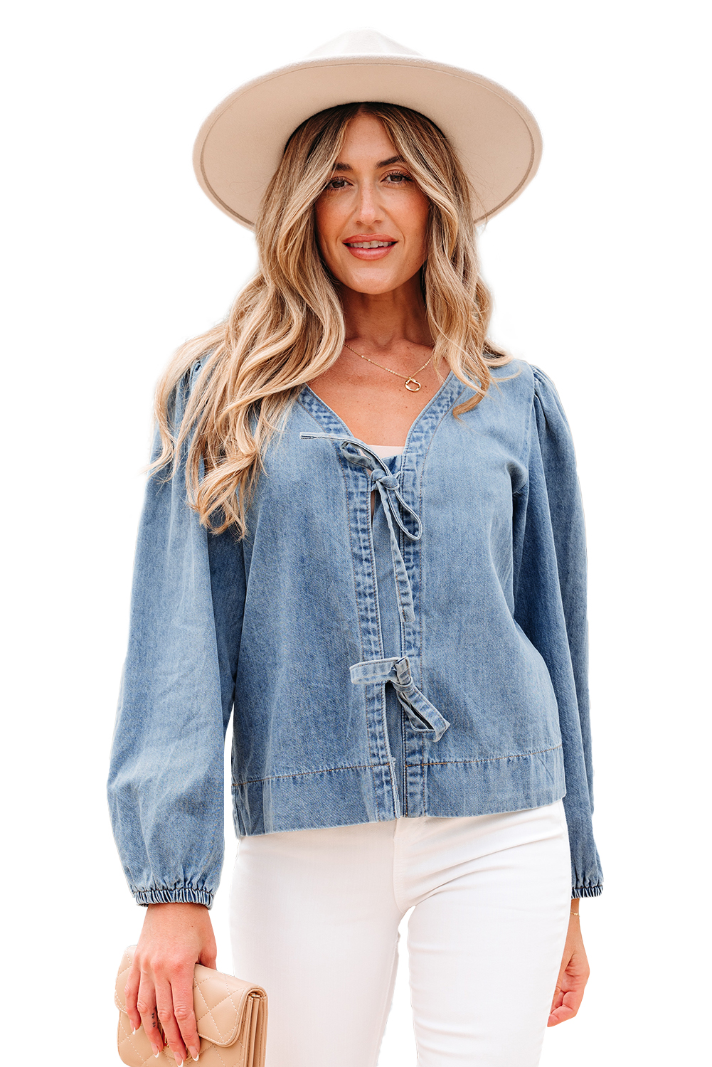 Dusk Blue Tied Front Long Puff Sleeve Denim Top - loveforevers