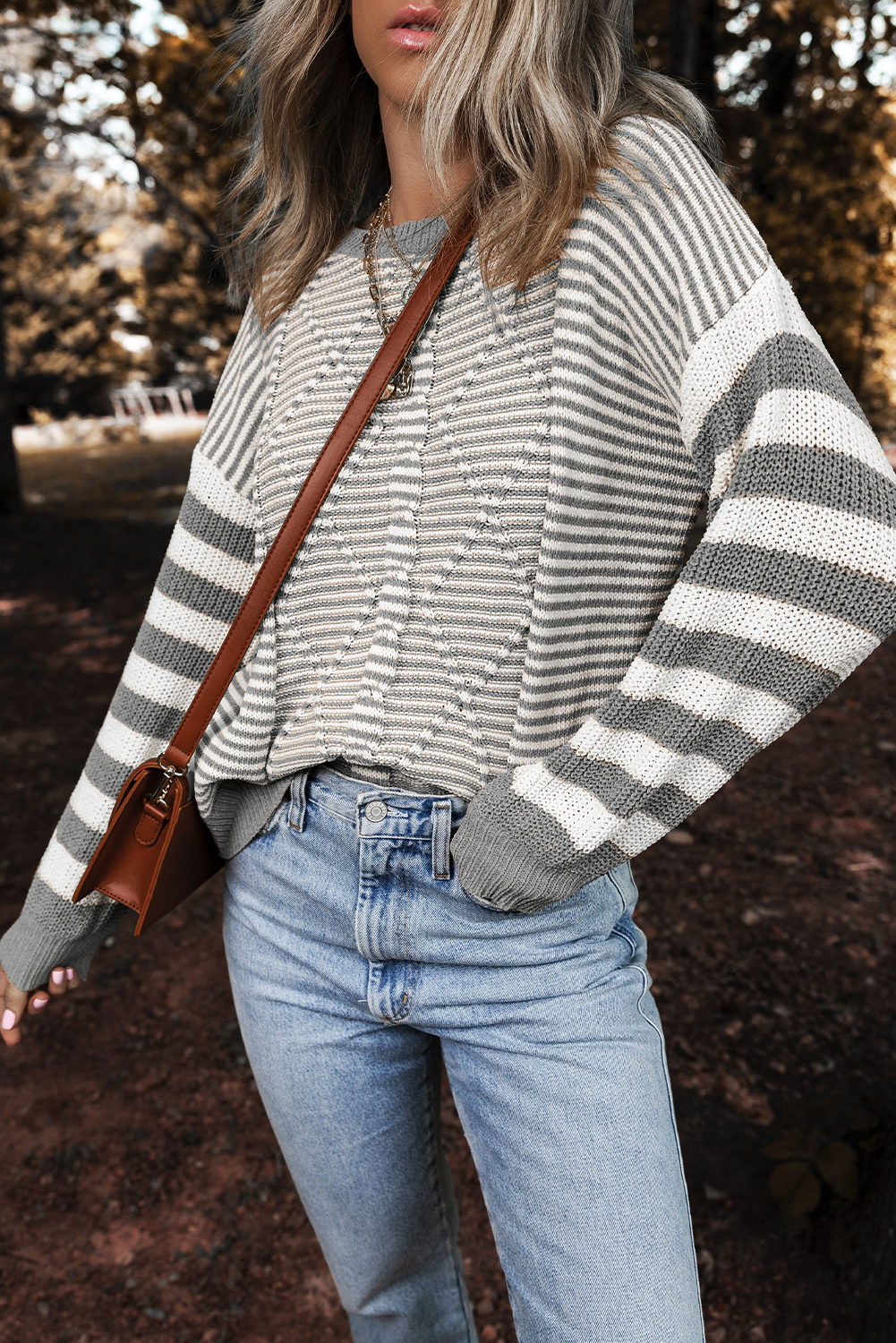 Gray Stripe Geometric Textured Drop Shoulder Sweater - loveforevers