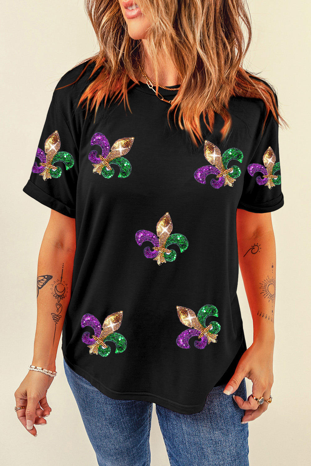 Black Mardi Gras Symbol Patched Crewneck T Shirt - loveforevers