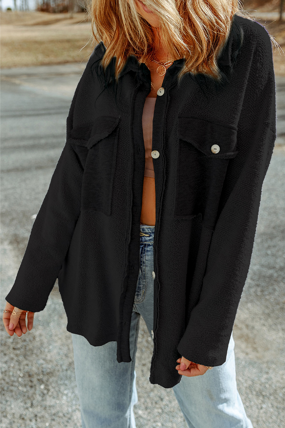Black Contrast Flap Pockets Relaxed Shacket - loveforevers