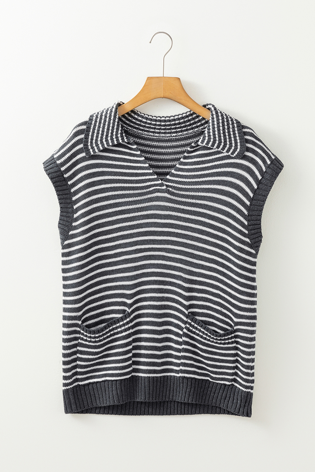 Gray Stripe Collared V Neck Sweater Vest with Pockets - loveforevers