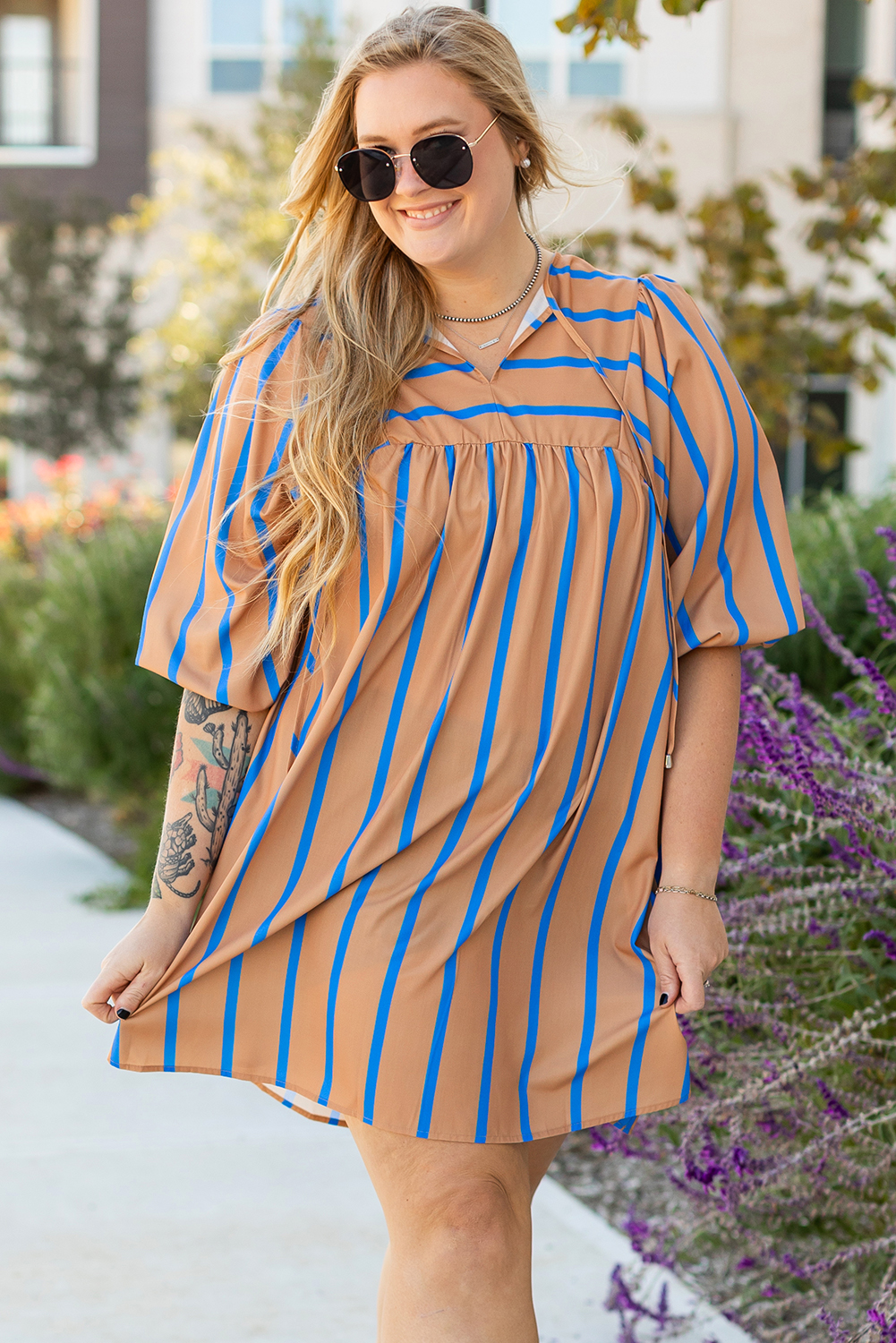 Khaki Stripe Contrast Striped Print 3/4 Sleeve Babydoll Plus Size Dress - loveforevers