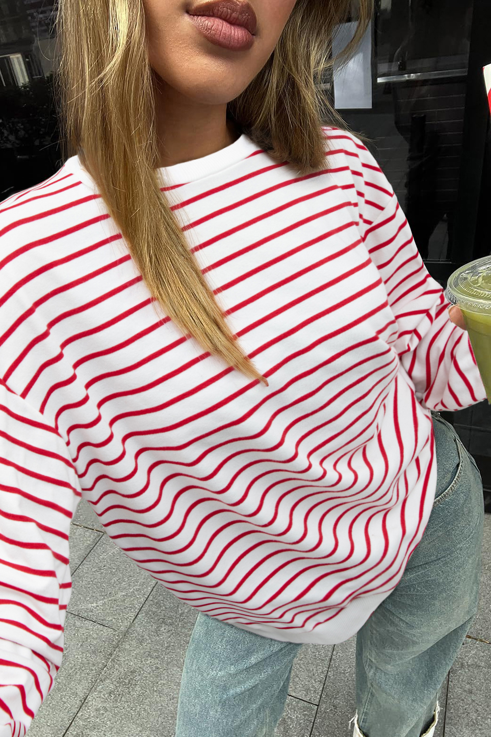 Burgundy Striped Long Sleeve Round Neck Loose Top - loveforevers