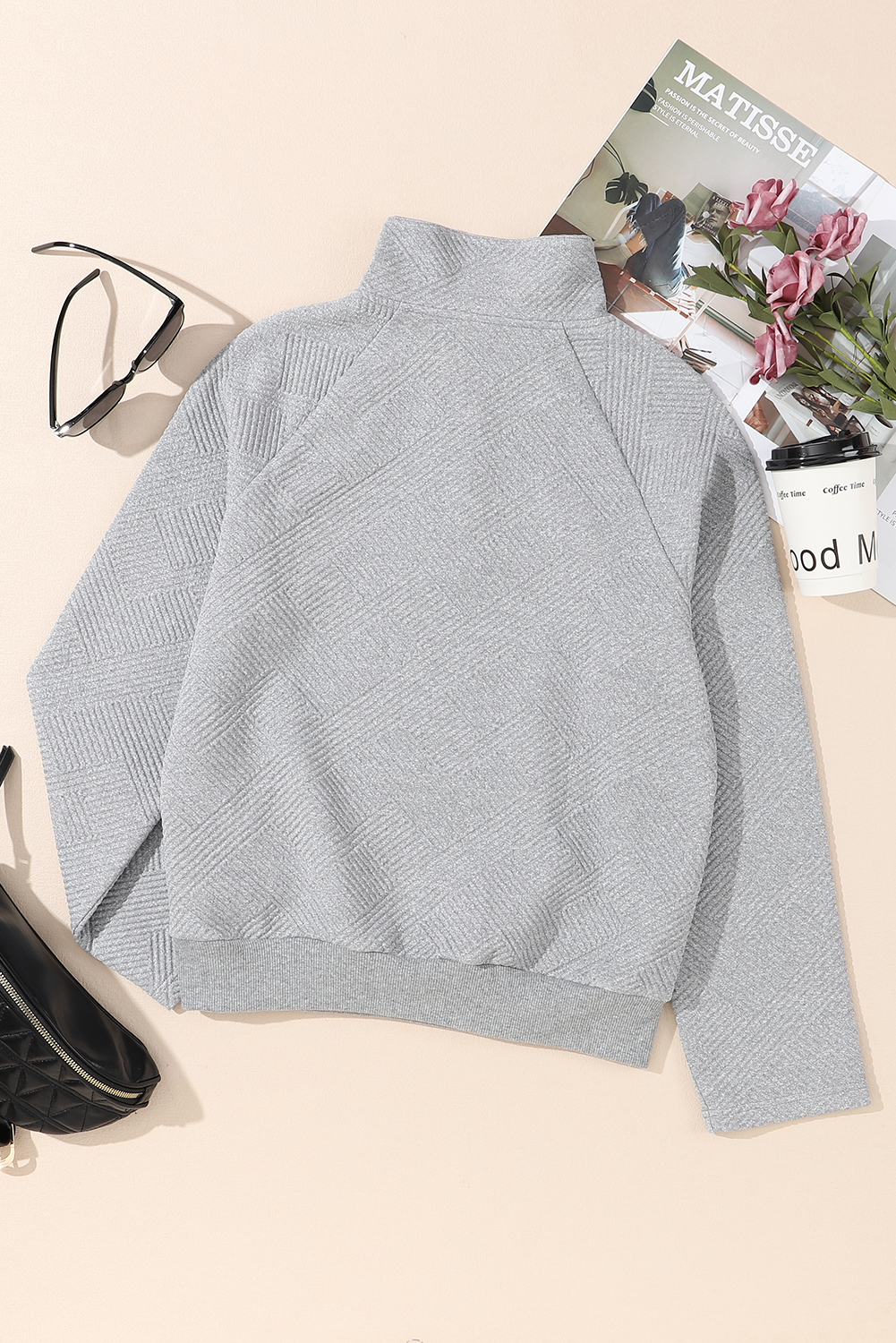 Apricot  Asymmetric Buttons Detail High Neck Textured Sweatshirt - loveforevers