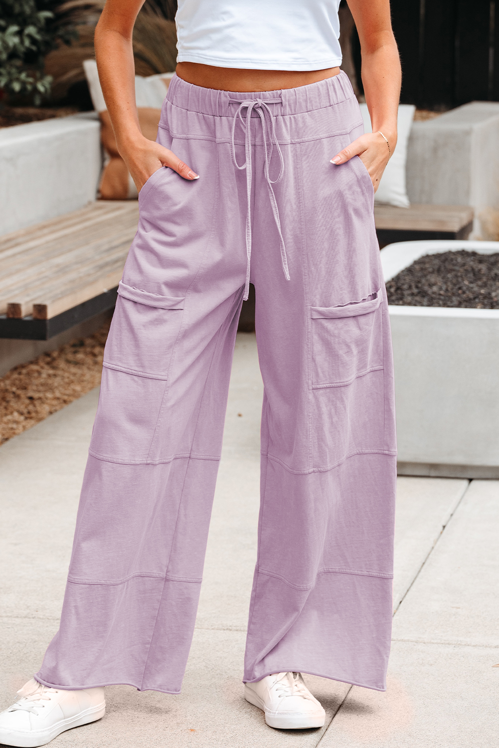 Pink Mineral Wash Exposed Seam Drawstring Elastic Waistband Wide Leg Cargo Pants - loveforevers
