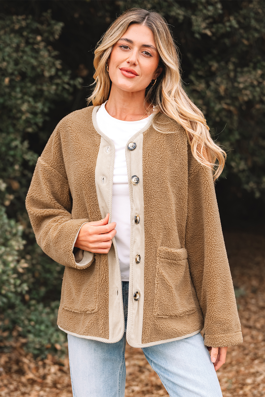 Light French Beige Puffy Plush Corduroy Edge Patchwork Jacket with Big Pockets - loveforevers