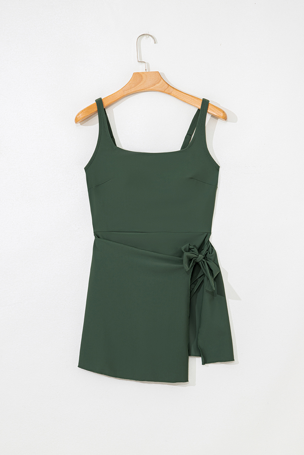 Black Side Tied Waist Square Neck Adjustable Straps A-line One Piece Swim Dress - loveforevers