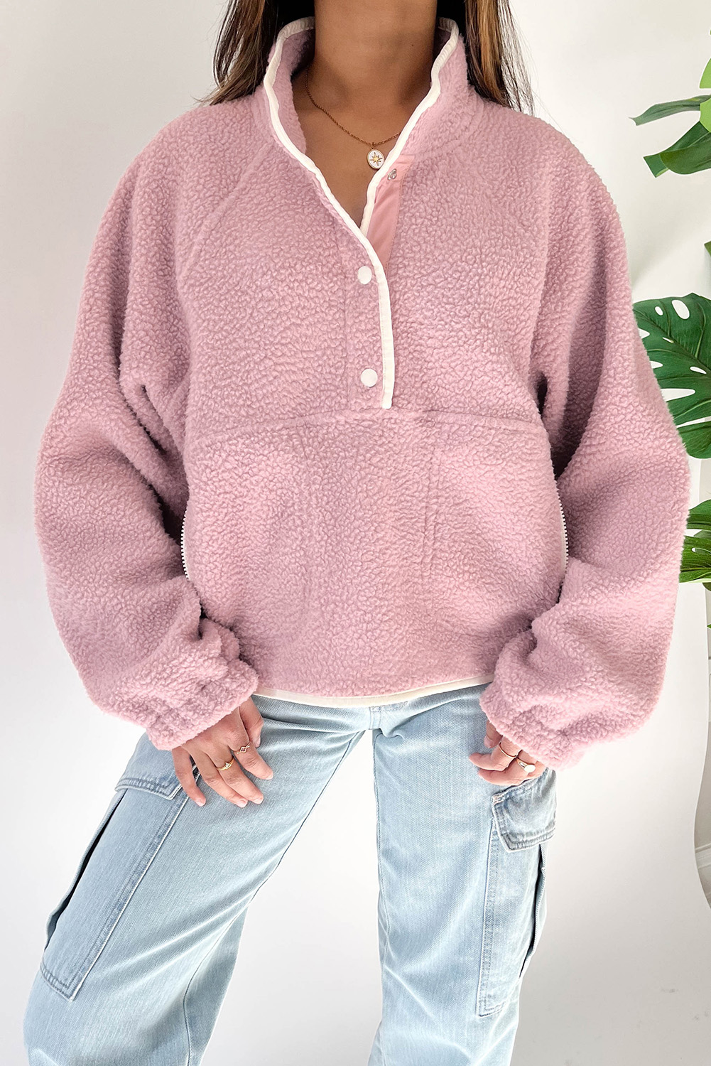 Fushia Stand Neck Half Button Zip Pocket Plush Sweatshirt - loveforevers