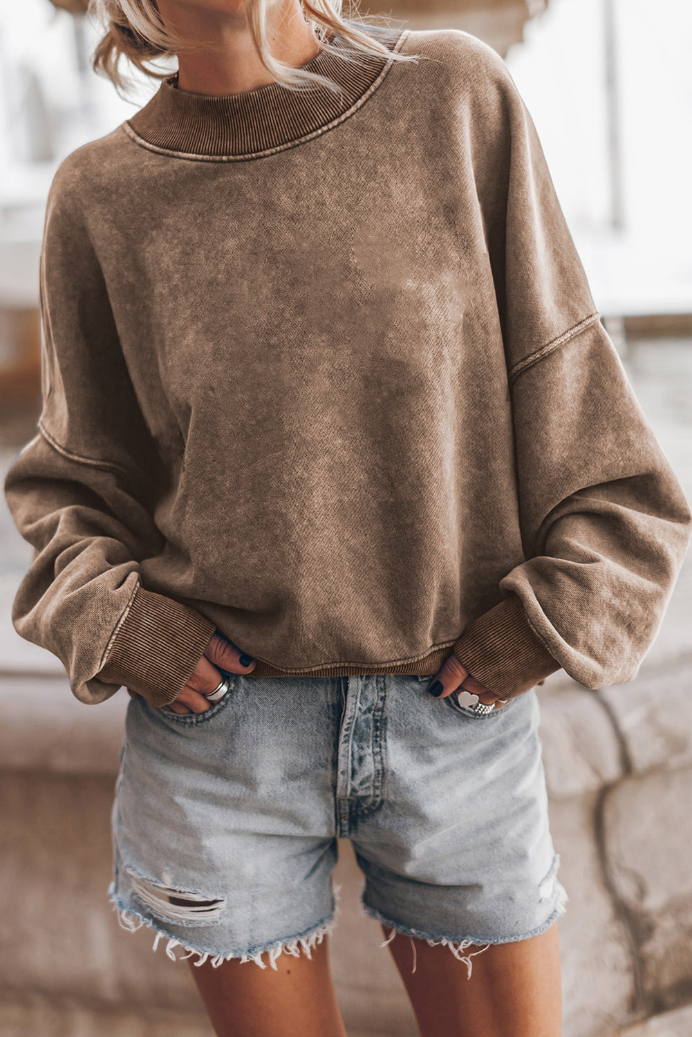 Brown Drop Shoulder Crew Neck Pullover Sweatshirt - loveforevers