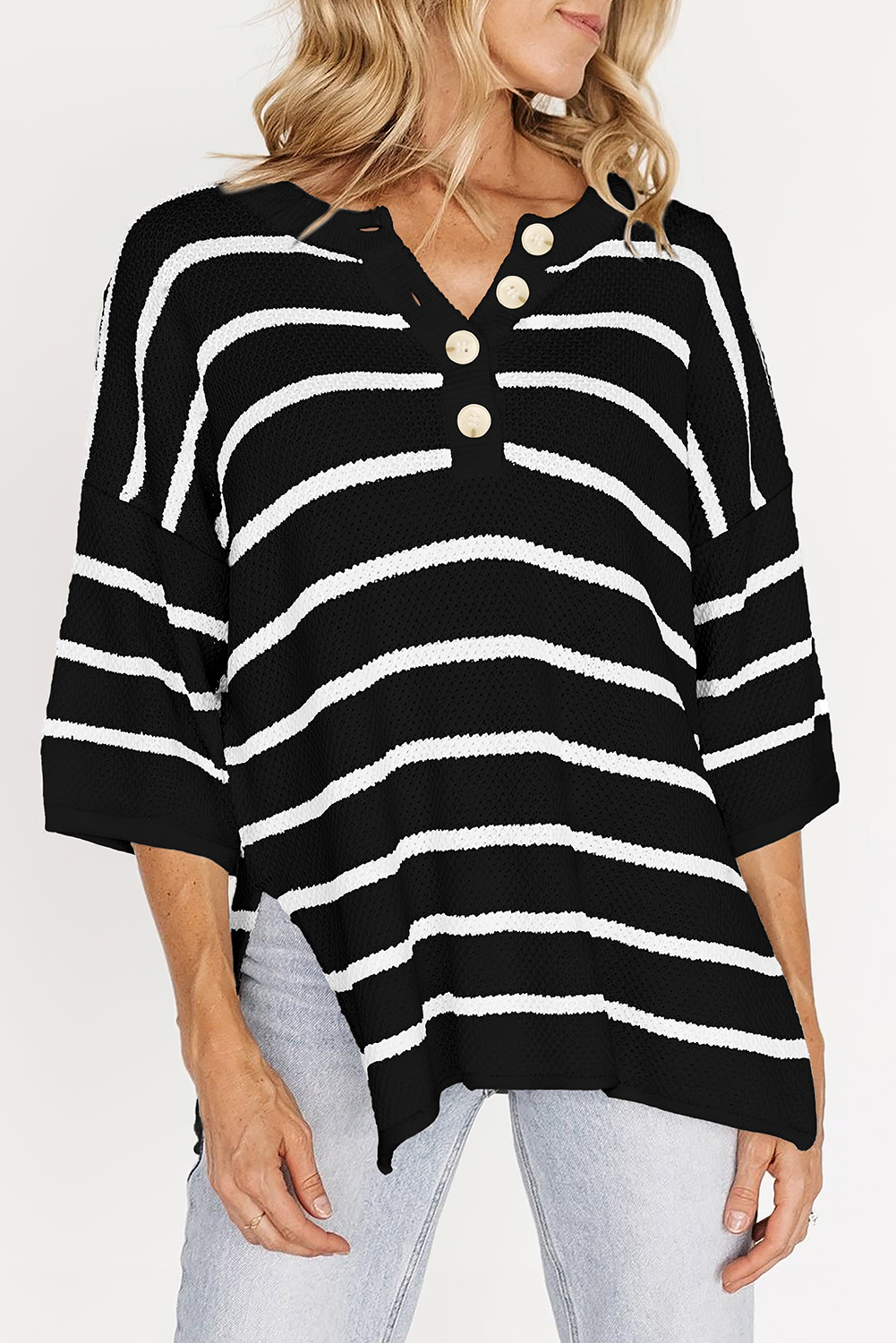 Black Stripe Henley Buttoned Placket Drop Shoulder Bracelet Sleeve Knit Sweater Tee - loveforevers